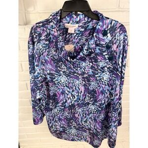 Allison Daley Woman 3X Purple Blue Cowl Neck Button Top Abstract NWT